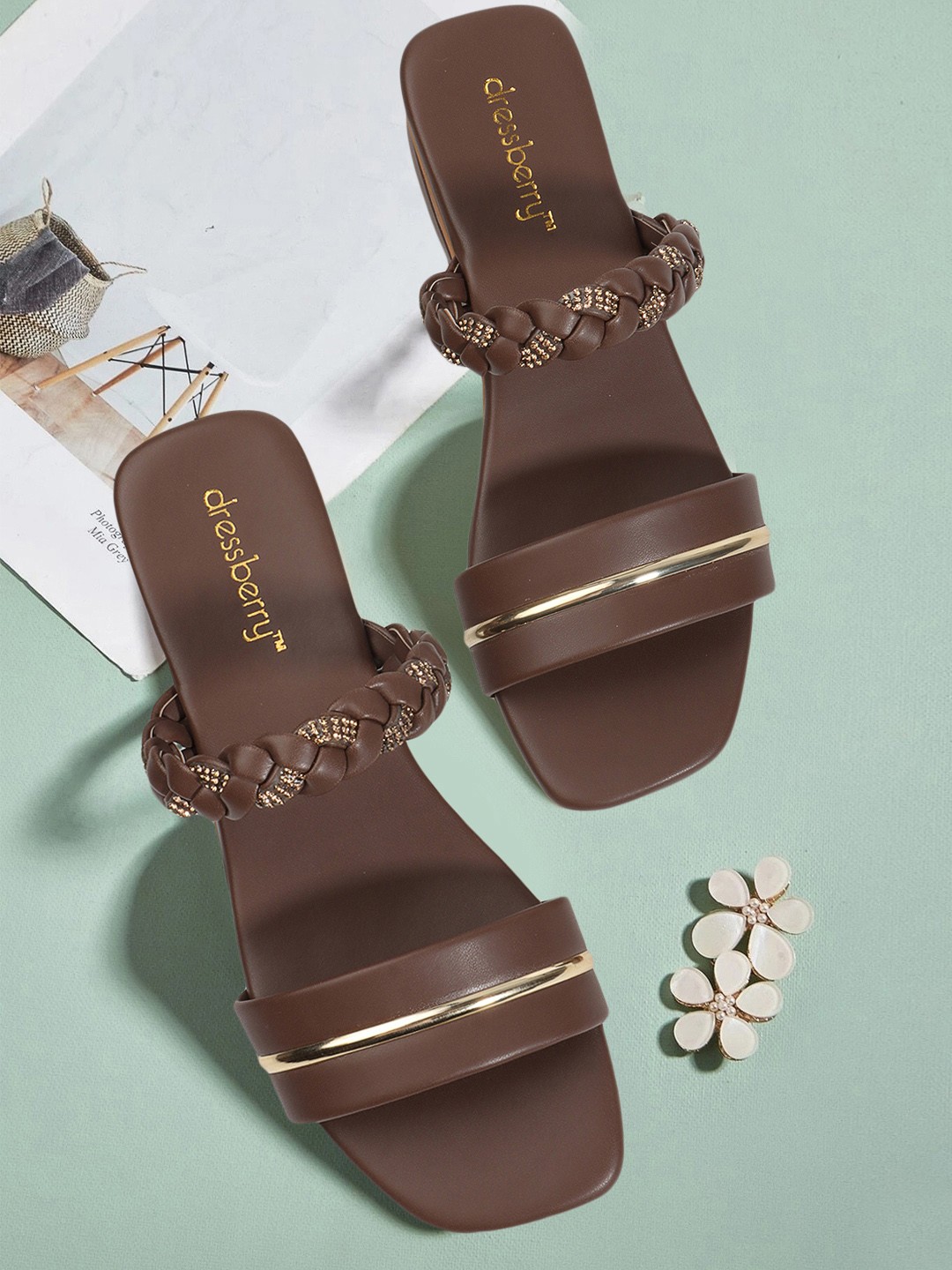

DressBerry Brown Embellished Open Toe Flats