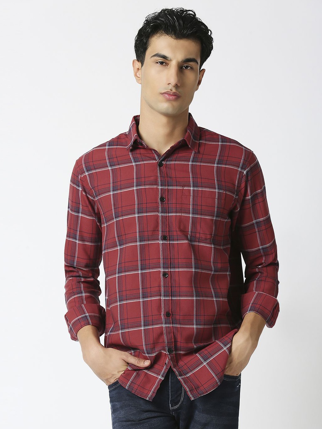 

HJ HASASI Men Relaxed Windowpane Checks Opaque Casual Shirt, Red