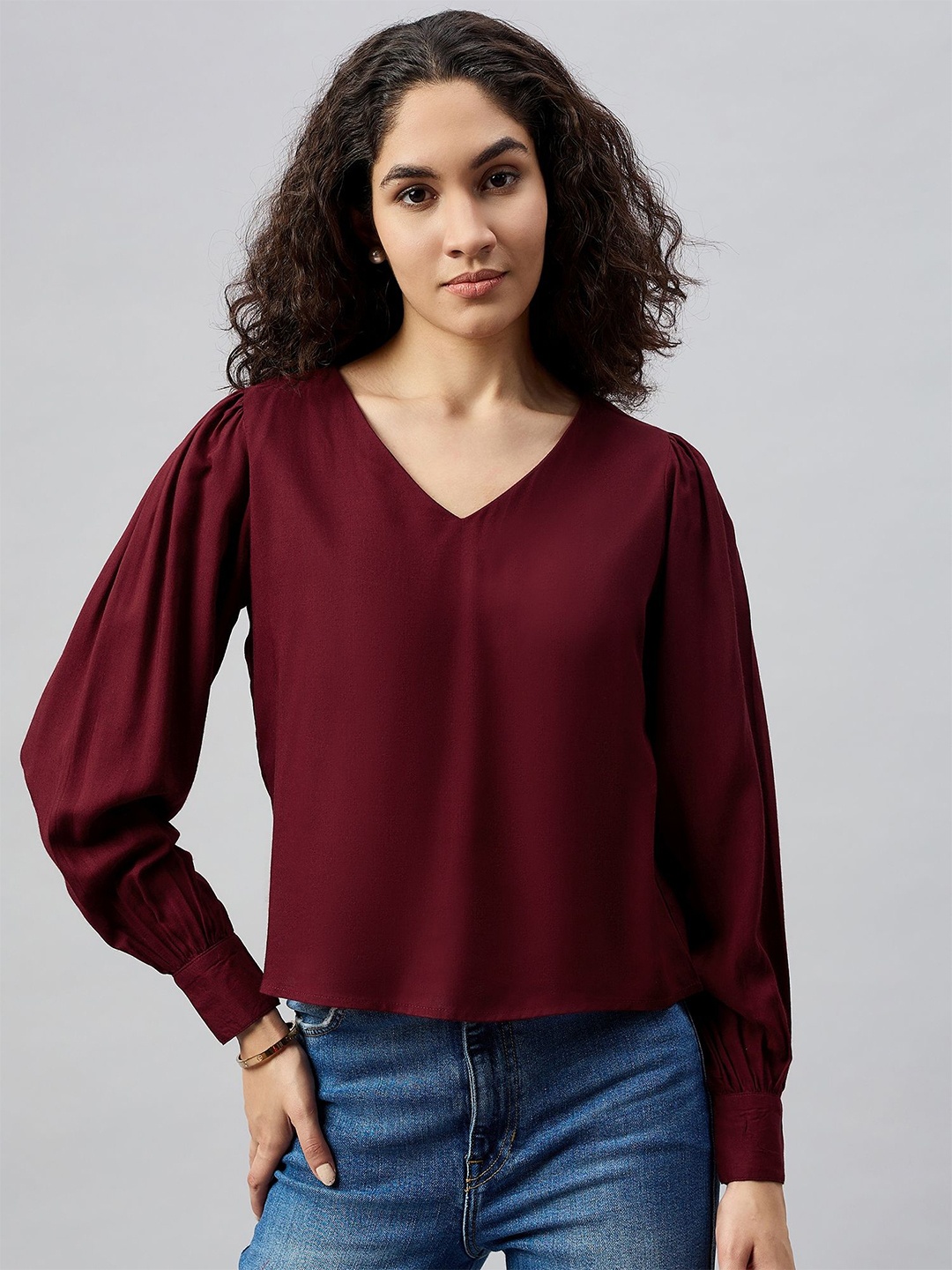 

Chemistry Women Solid V-Neck Cuffed Sleeves Tops, Maroon