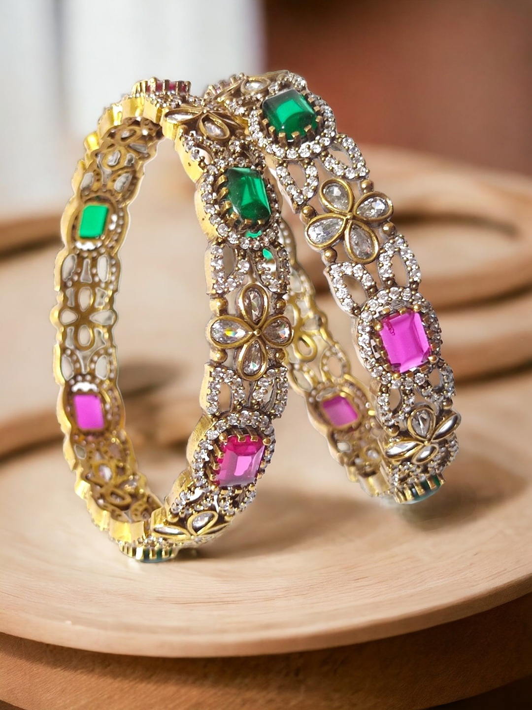 

Pihtara Jewels Set Of 2 Brass-Plated CZ Studded Bangles, Gold