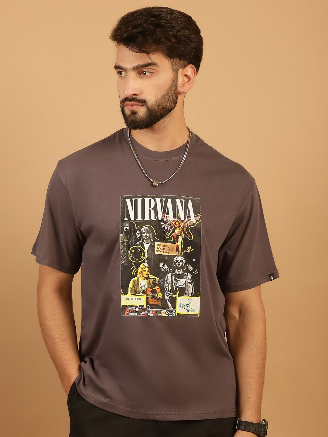 

TAG 7 Nirvana Printed Round Neck Short Sleeves Pure Cotton Oversized T-shirt, Grey