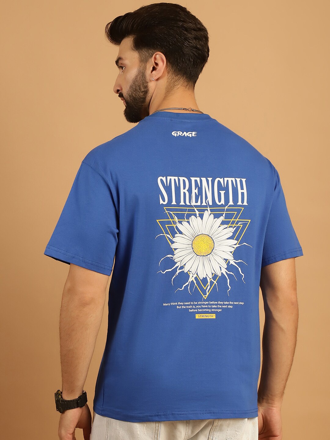 

TAG 7 Graphic Printed Round Neck Short Sleeves Pure Cotton Oversized T-shirt, Blue