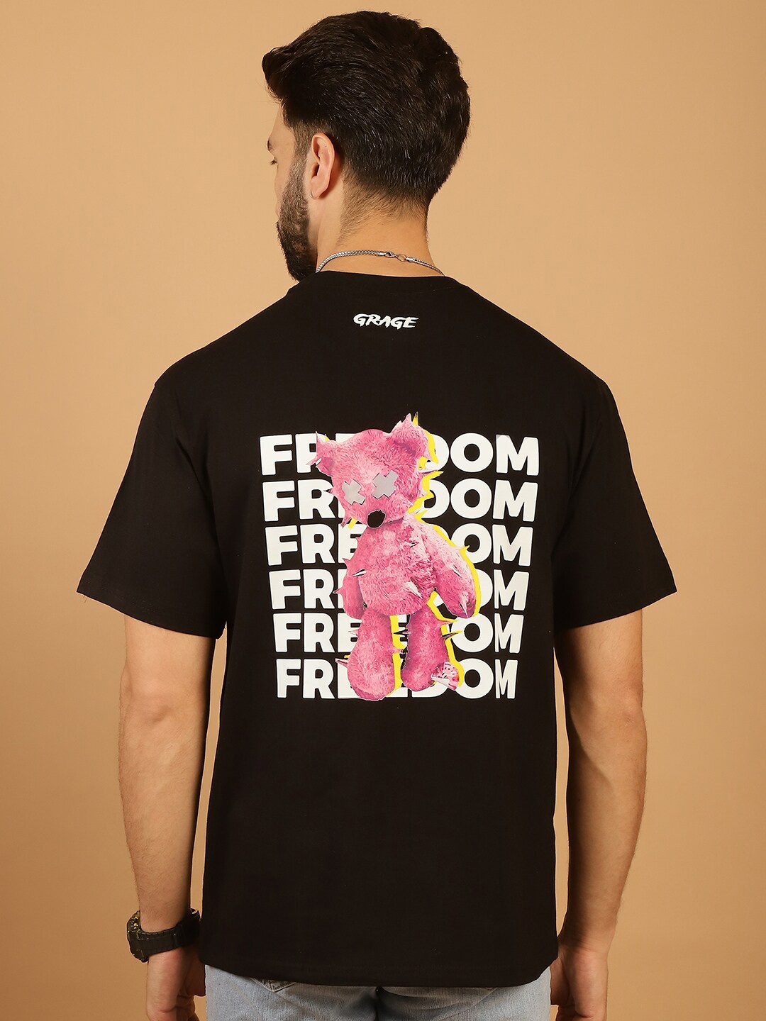 

TAG 7 Graphic Printed Round Neck Short Sleeves Pure Cotton Oversized T-shirt, Black