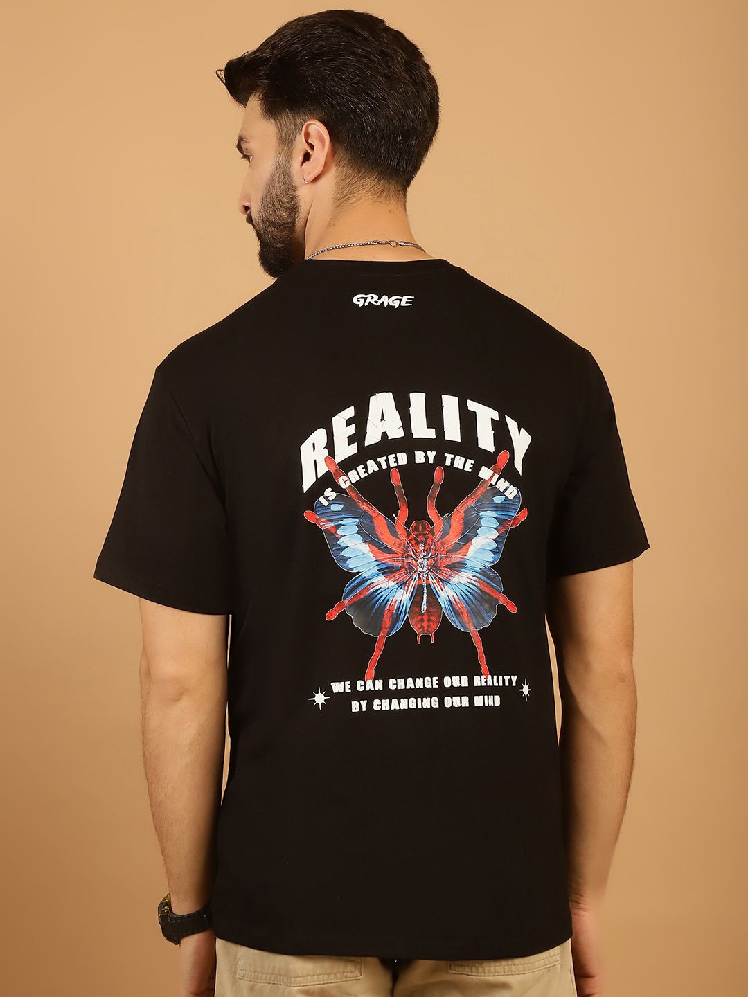 

TAG 7 Graphic Printed Round Neck Short Sleeves Pure Cotton Oversized T-shirt, Black