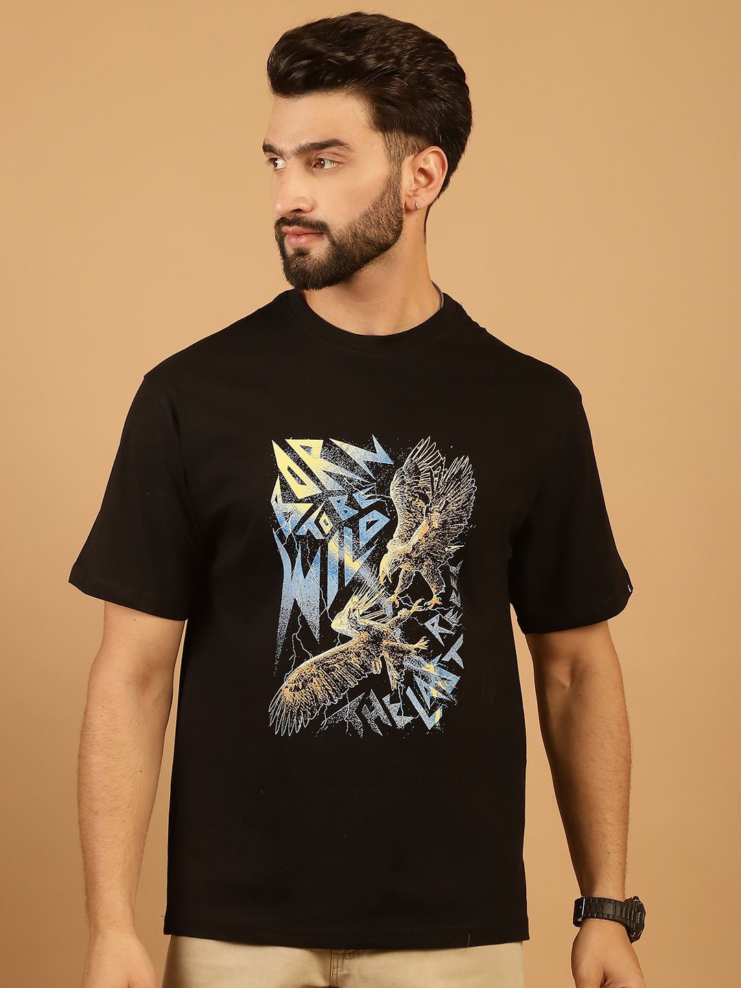 

TAG 7 Graphic Printed Round Neck Short Sleeves Pure Cotton Oversized T-shirt, Black