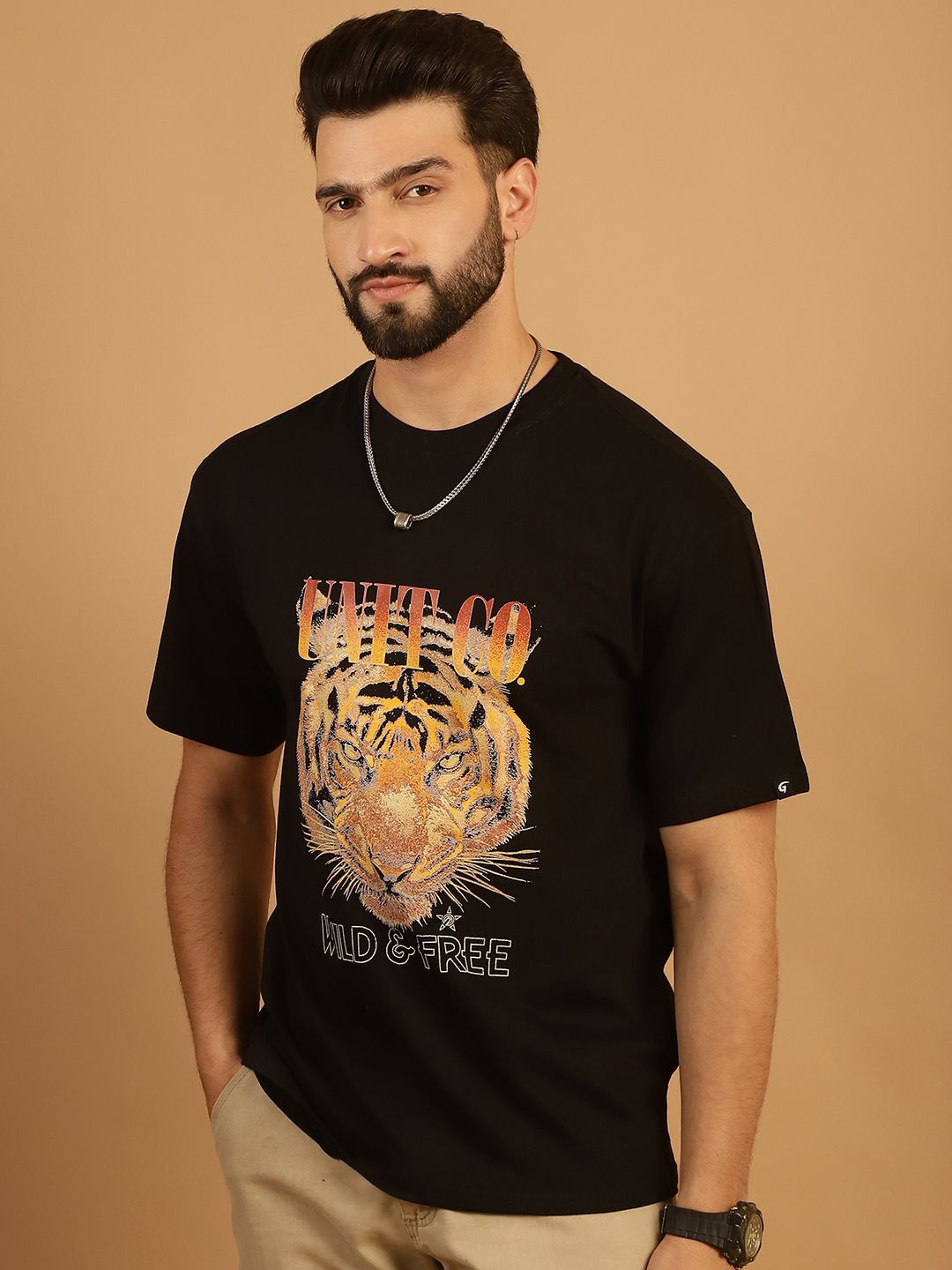 

TAG 7 Graphic Printed Round Neck Short Sleeves Pure Cotton Oversized T-shirt, Black