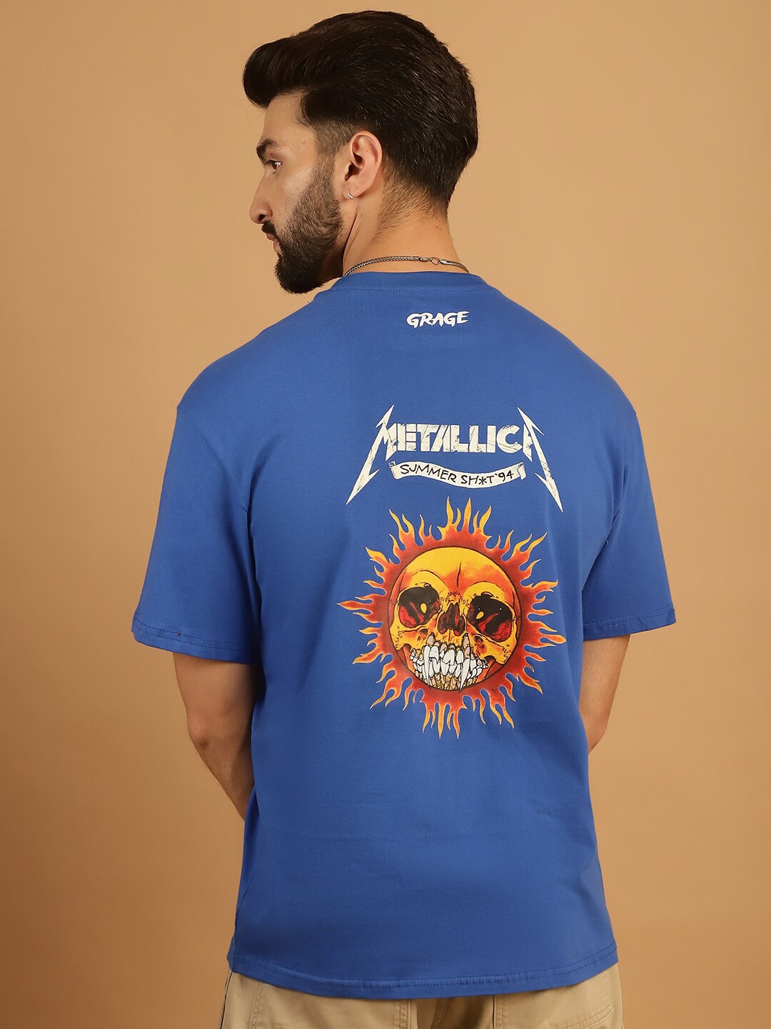 

TAG 7 Graphic Printed Round Neck Short Sleeves Pure Cotton Oversized T-shirt, Blue