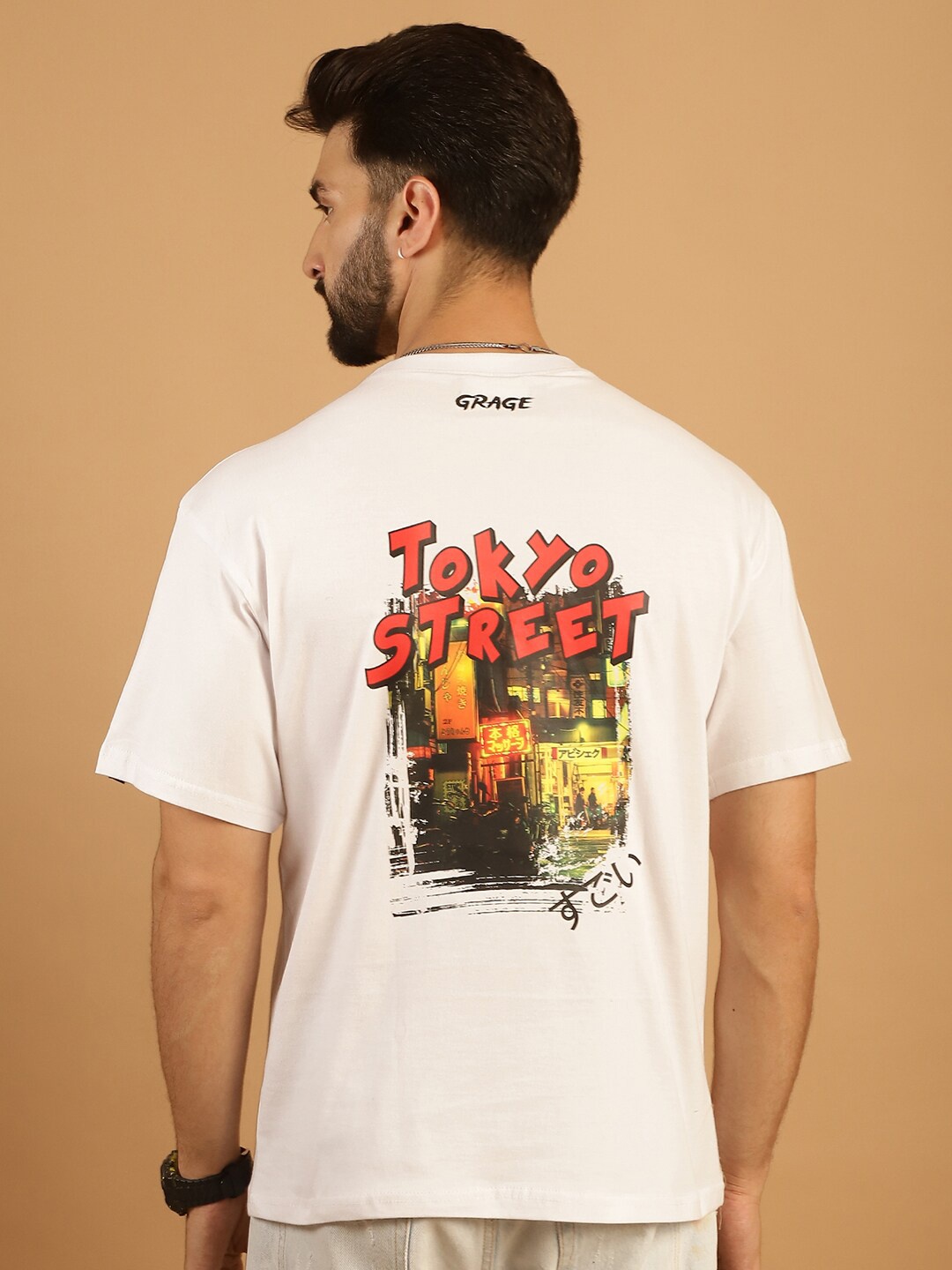 

TAG 7 Graphic Printed Round Neck Short Sleeves Pure Cotton Oversized T-shirt, White