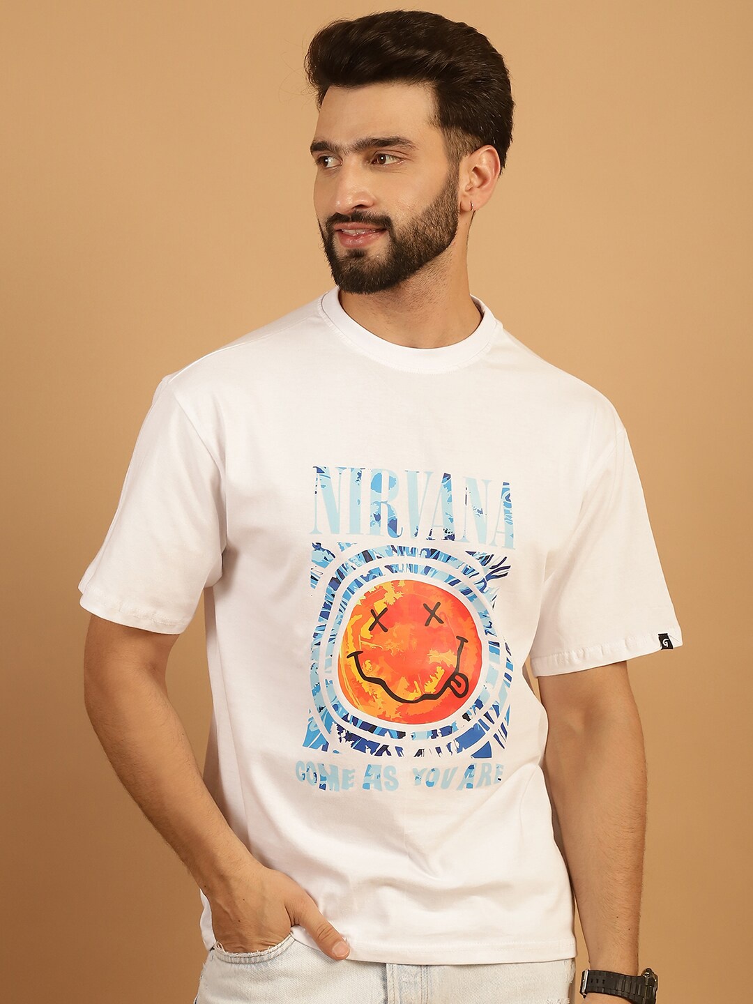 

TAG 7 Graphic Printed Round Neck Short Sleeves Pure Cotton Oversized T-shirt, White