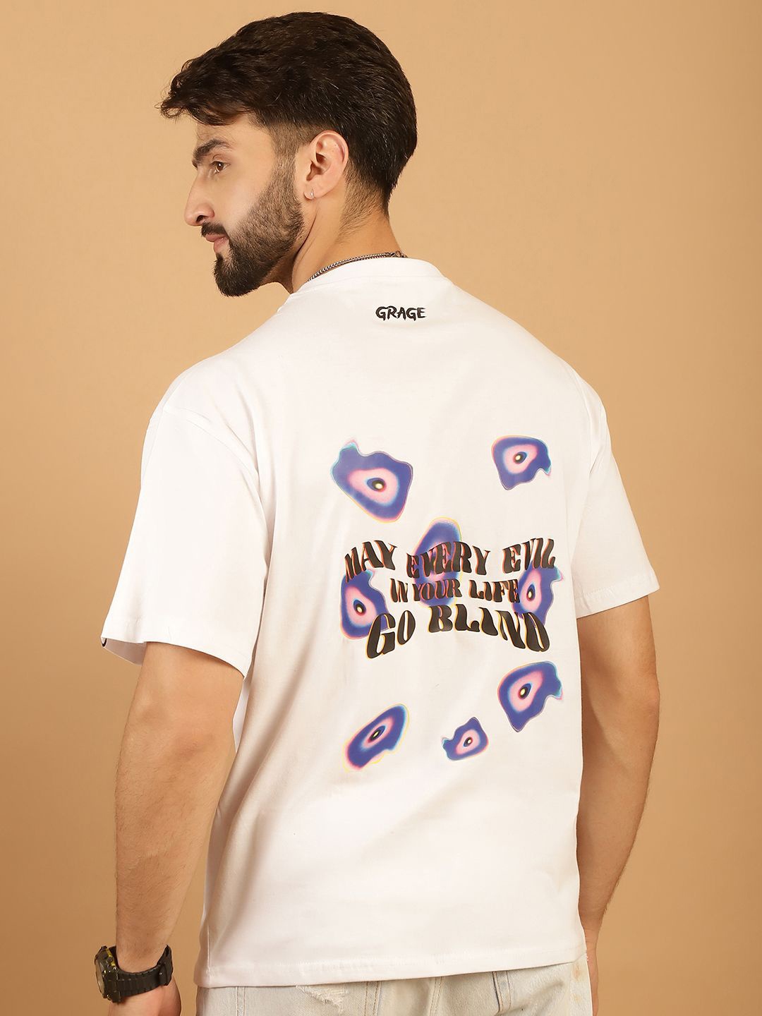 

TAG 7 Graphic Printed Round Neck Short Sleeves Pure Cotton Oversized T-shirt, White