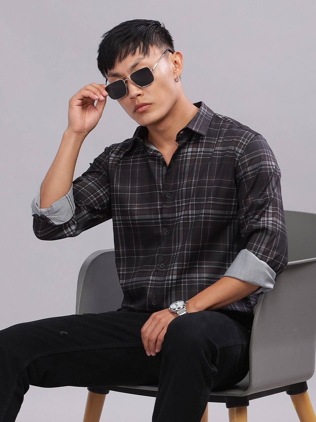 

PAUL STREET Men Standard Slim Fit Tartan Checks Opaque Checked Party Shirt, Black