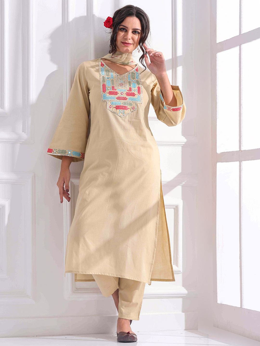 

Anouk Women Embroidered Regular Thread Work Pure Cotton Kurta with Trousers & With Dupatta, Beige