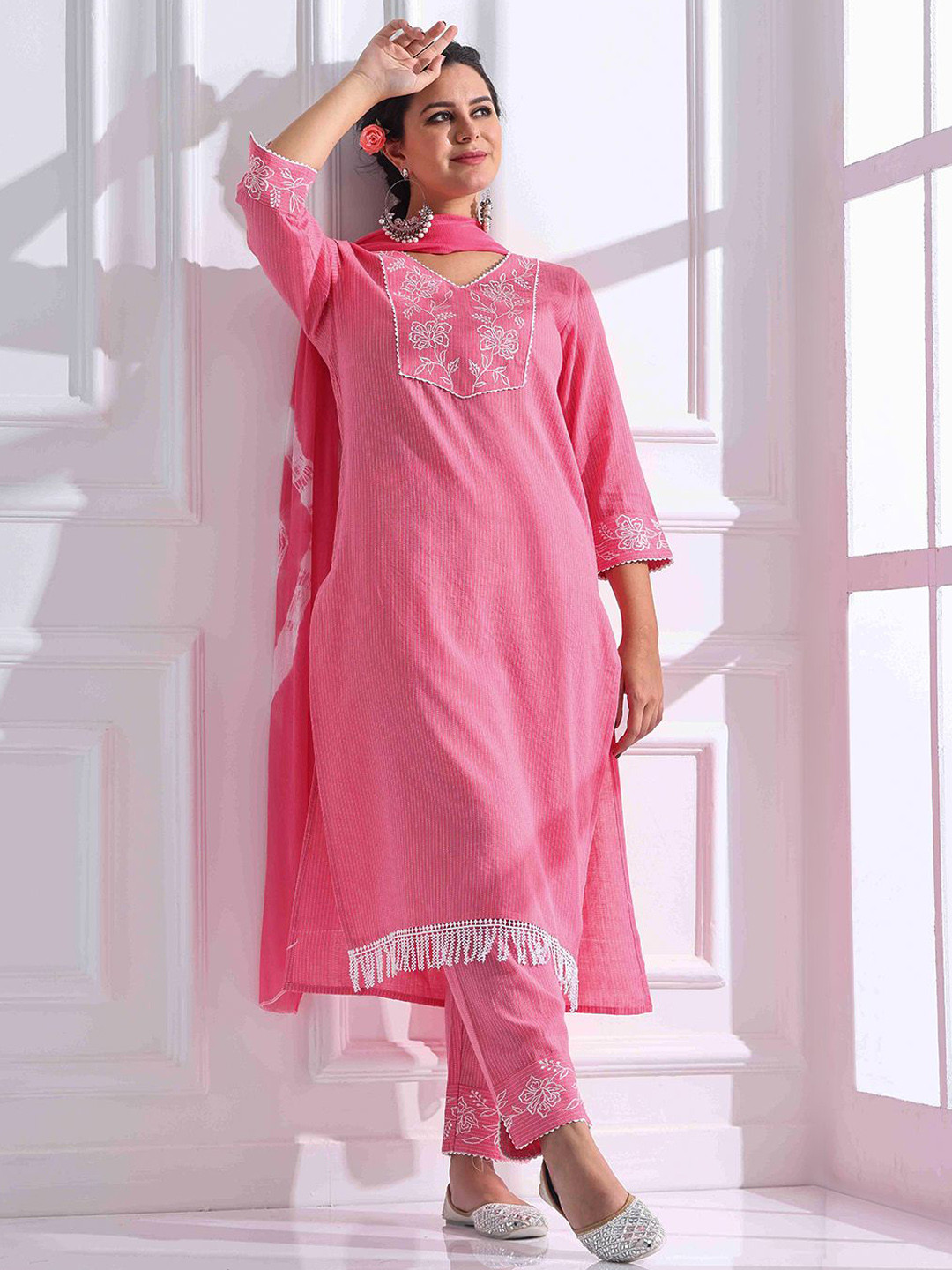 

Anouk Women Embroidered Regular Kantha Work Pure Cotton Kurta with Trousers & With Dupatta, Pink