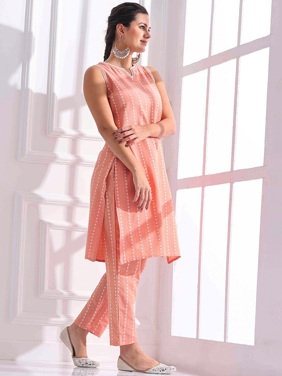 

Anouk Women Striped Regular Pure Cotton Kurta with Trousers, Peach