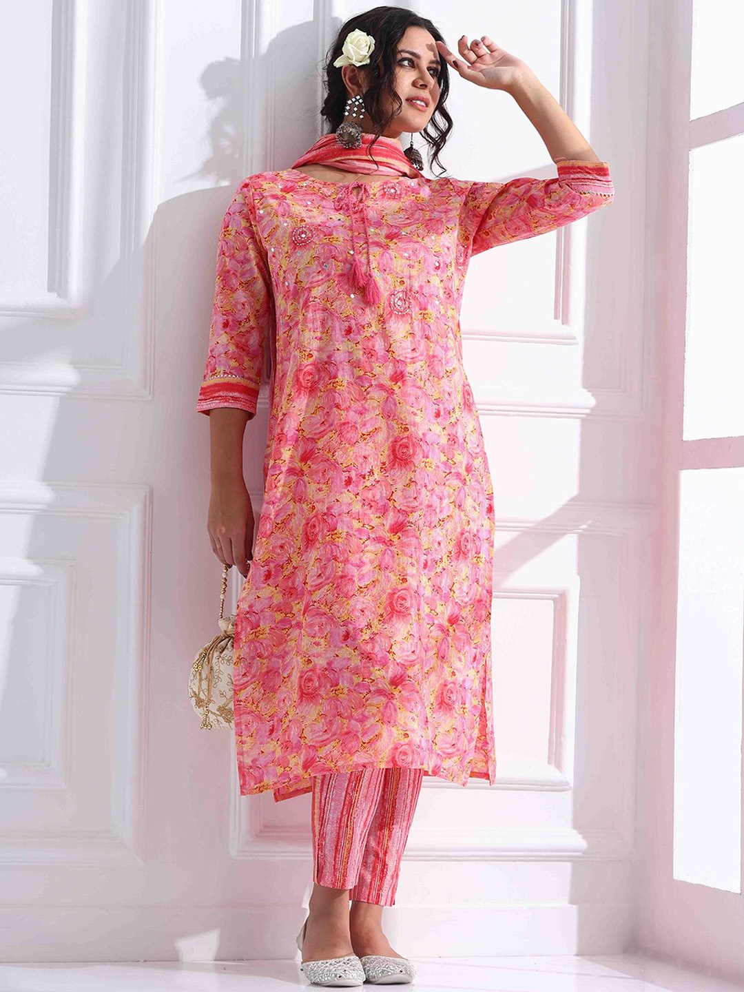 Anouk Women Floral Embroidered Regular Thread Work Pure Cotton Kurta with Trousers Set, Peach