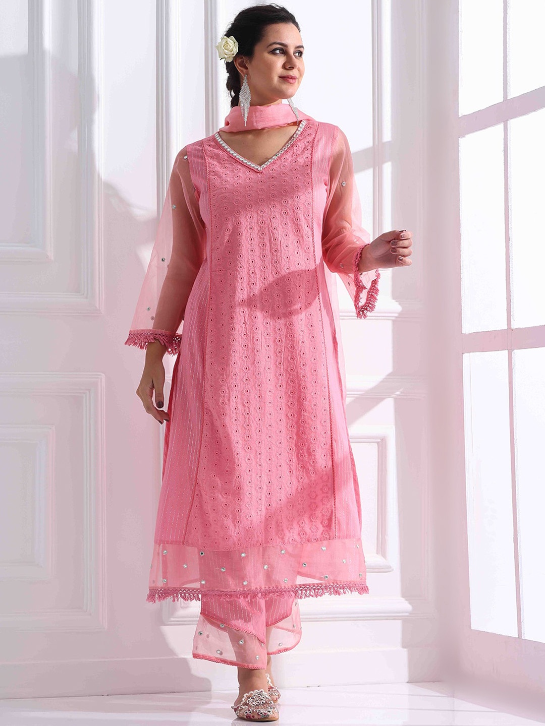 

Anouk Women Embroidered Regular Thread Work Pure Cotton Kurta with Trousers & With Dupatta, Pink