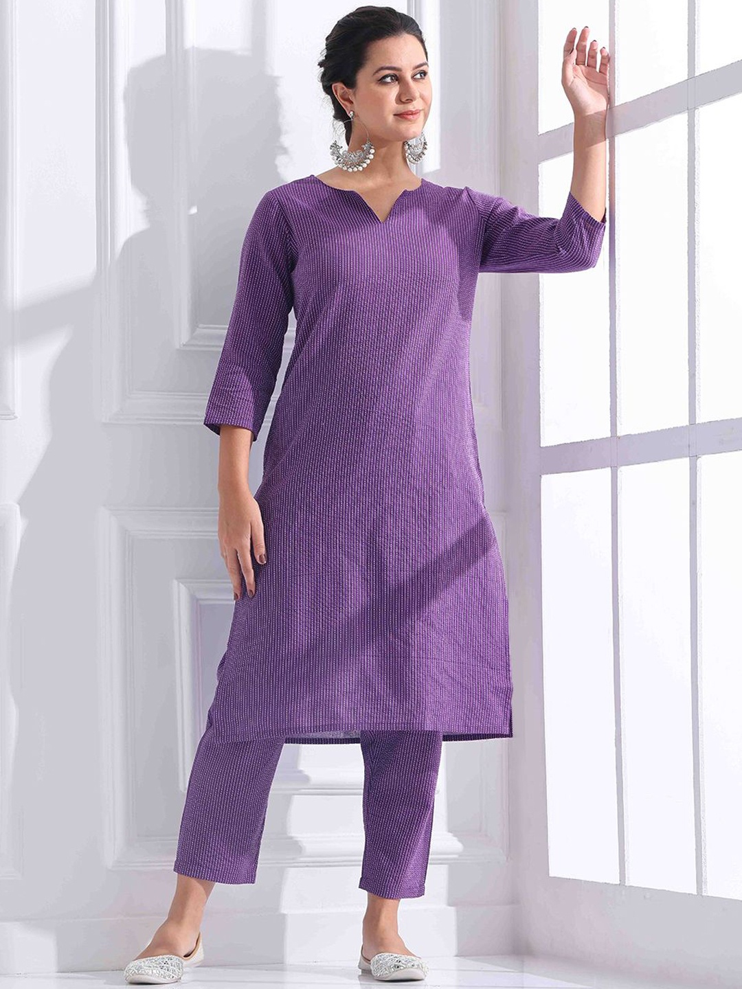 

Anouk Women Striped Kantha Work Pure Cotton Kurta with Trousers, Purple