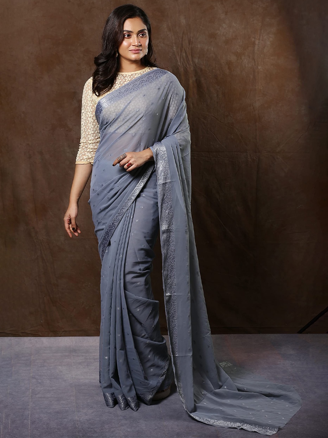 

Urbane Essence Floral Embroidered Pure Georgette Saree, Grey