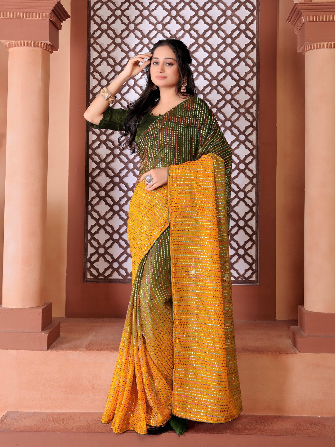 

DDRS FASHION Embellished Sequinned Art Silk Saree, Yellow