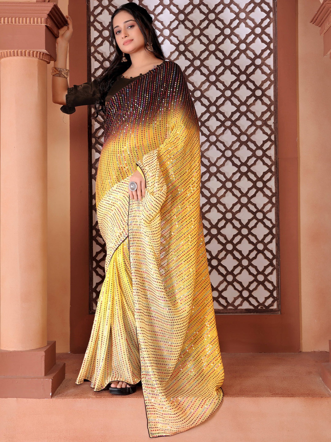 

DDRS FASHION Embellished Sequinned Art Silk Saree, Gold