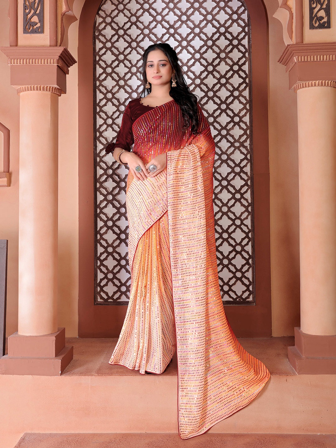 

DDRS FASHION Embellished Sequinned Art Silk Saree, Cream