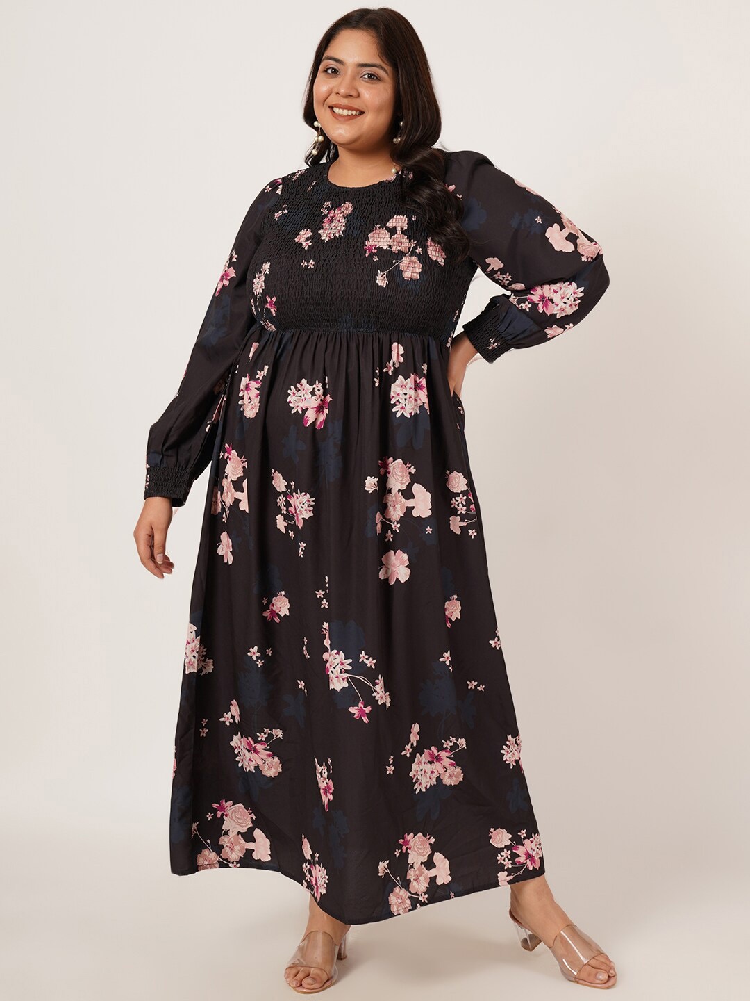 

IX IMPRESSION Floral Print Puff Sleeve Maxi Dress, Black