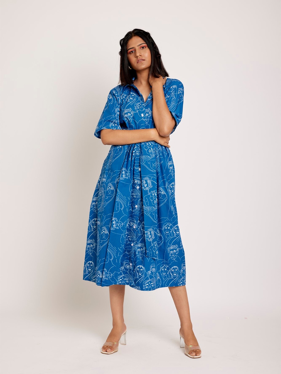 

RadhaRaman Conversational Printed Belted Cotton Shirt Midi Dress, Blue