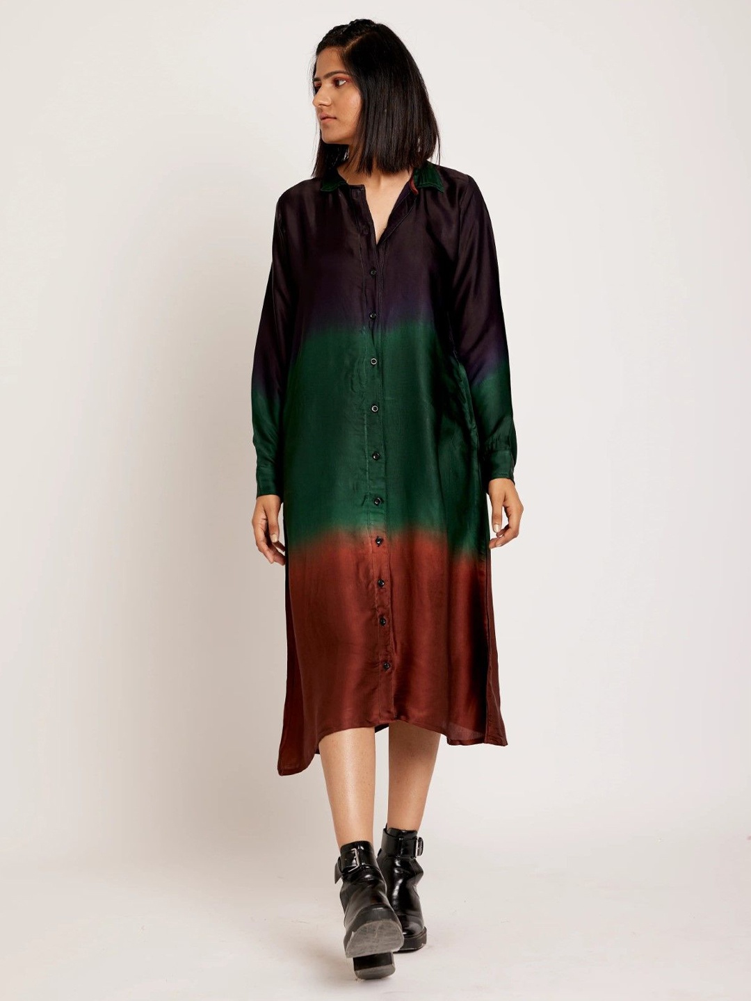 

RadhaRaman Tie and Dye Dyed Satin A-Line Midi Dress, Green