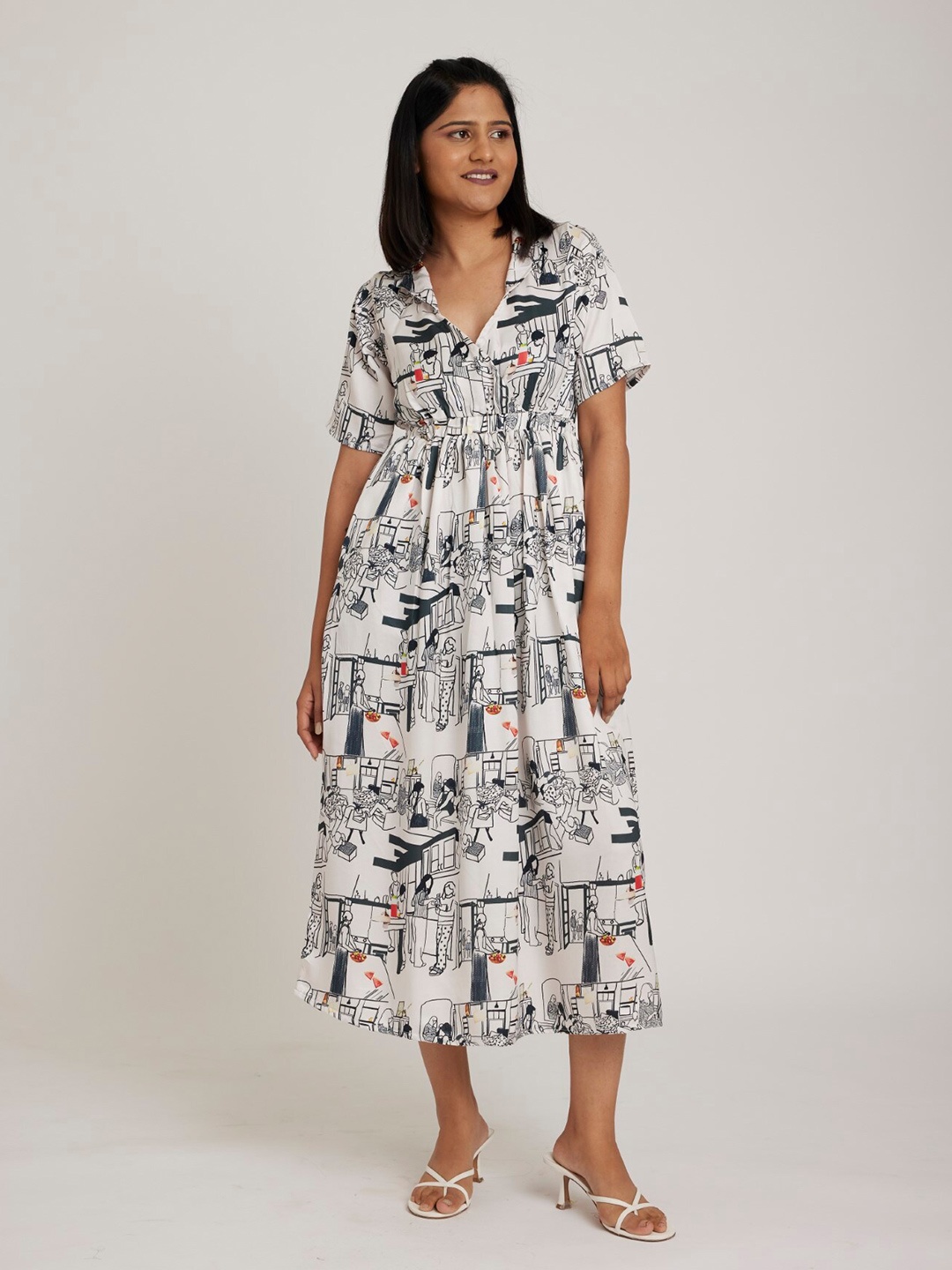 

RadhaRaman Floral Print Satin Fit & Flare Midi Dress, Off white