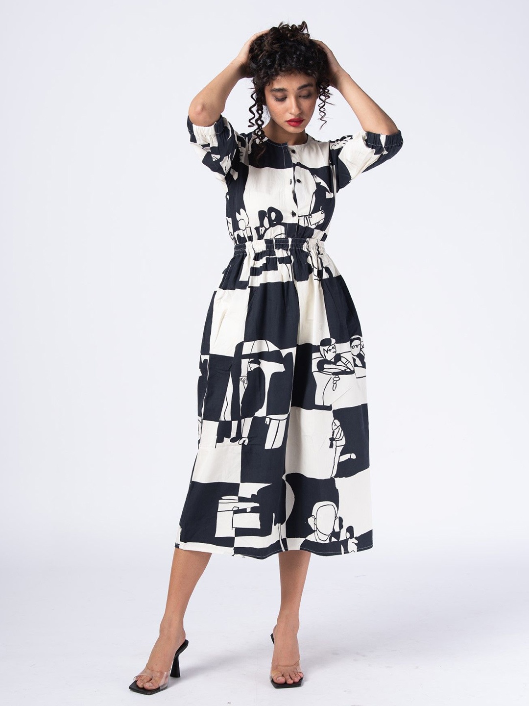 

RadhaRaman Print Fit & Flare Midi Dress, White
