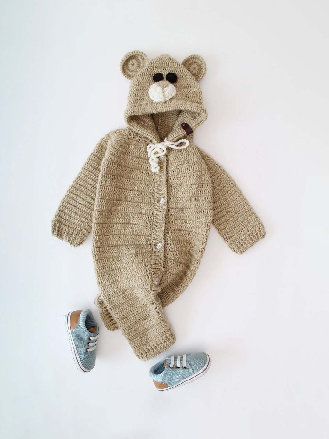

Woonie Infants Bear-Design Hood Neck Rompers, Beige