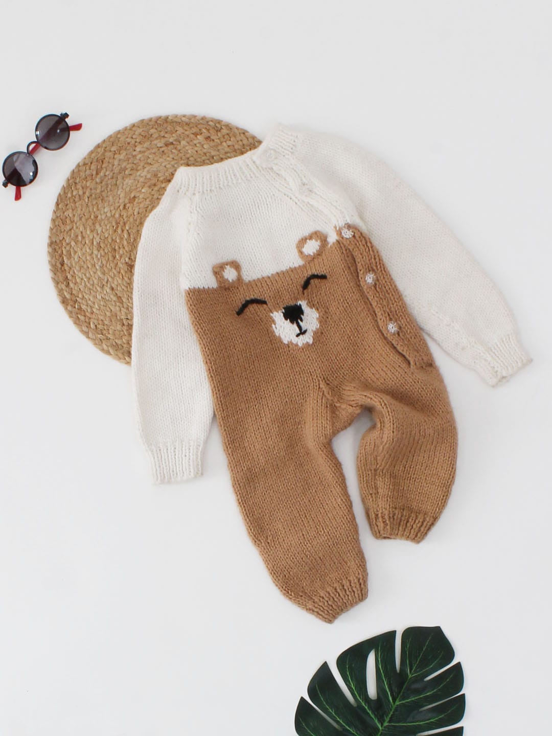 

Woonie Infant Boys Handknitted Bear Designed Acrylic Rompers, Brown