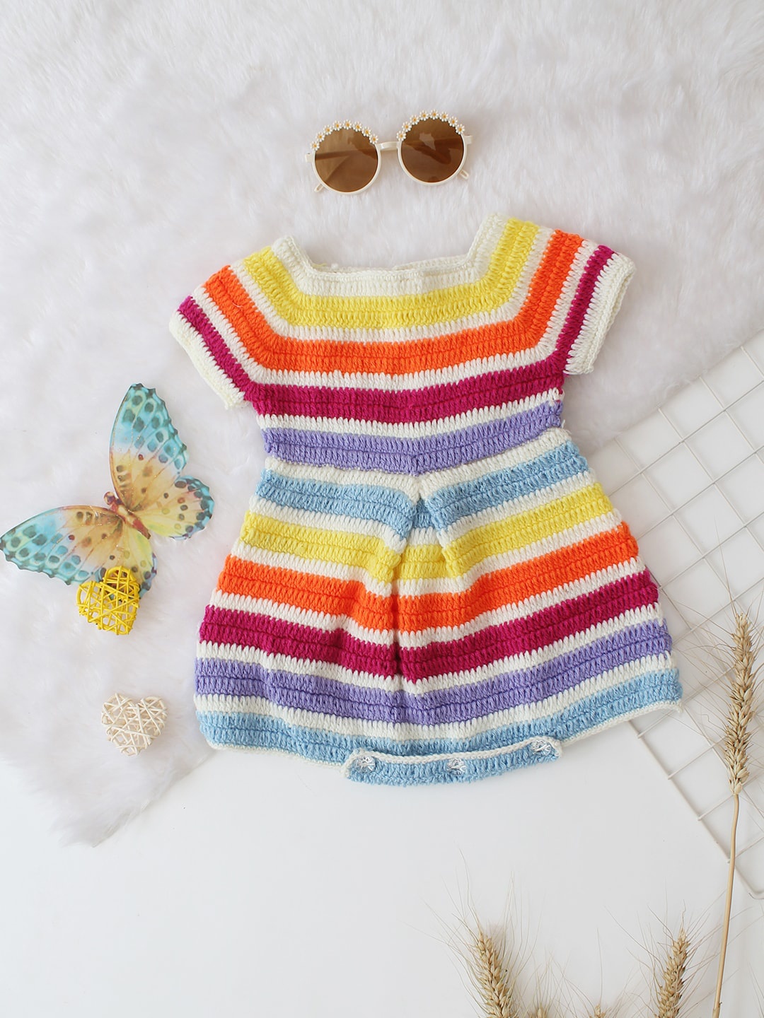 

Woonie Infant Girls Rainbow Striped Rompers, White