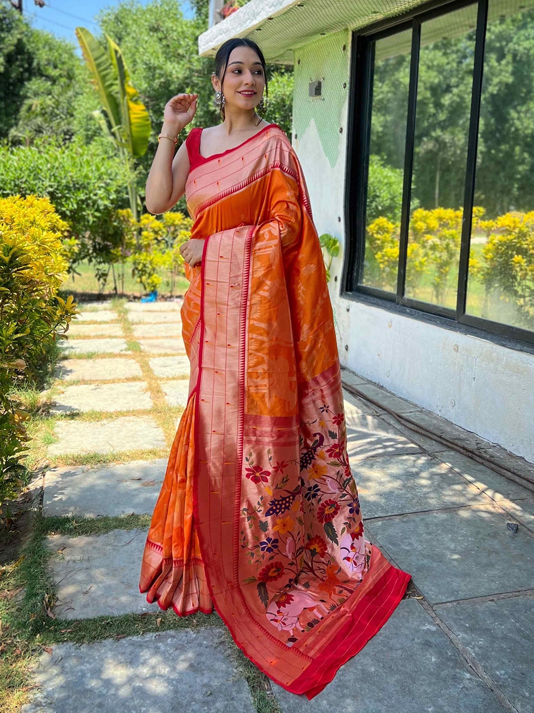 

DEVATITHI Woven Design Zari Paithani Saree, Orange