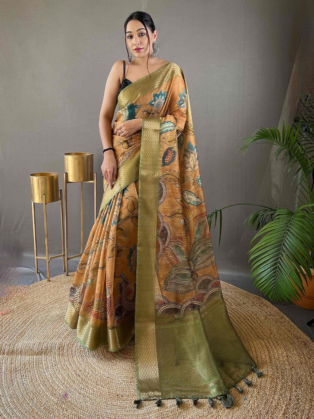 

DEVATITHI Ethnic Motifs Zari Tussar Saree, Lime green