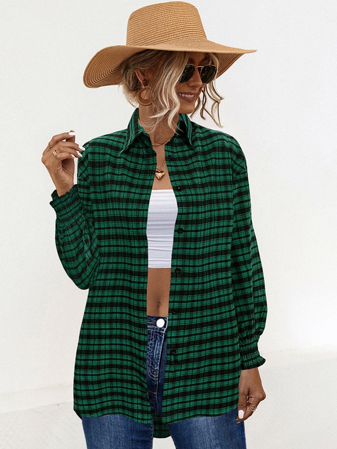 

StyleCast x Revolte Women Checked Printed Extended Sleeves Pockets T-shirt, Green
