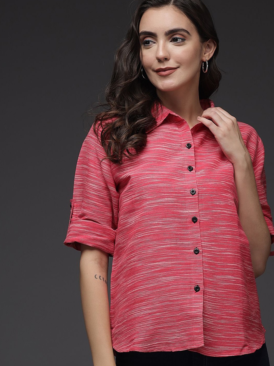 TANDUL Women Comfort Horizontal Stripes Opaque Striped Casual Shirt, Pink
