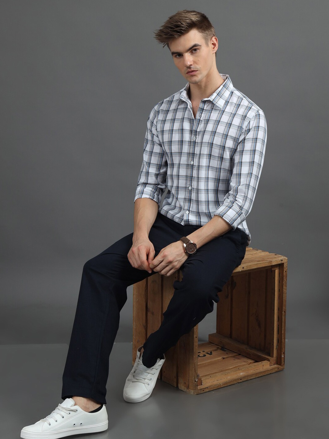 

Bushirt Classic Tartan Checked Cotton Casual Shirt, White