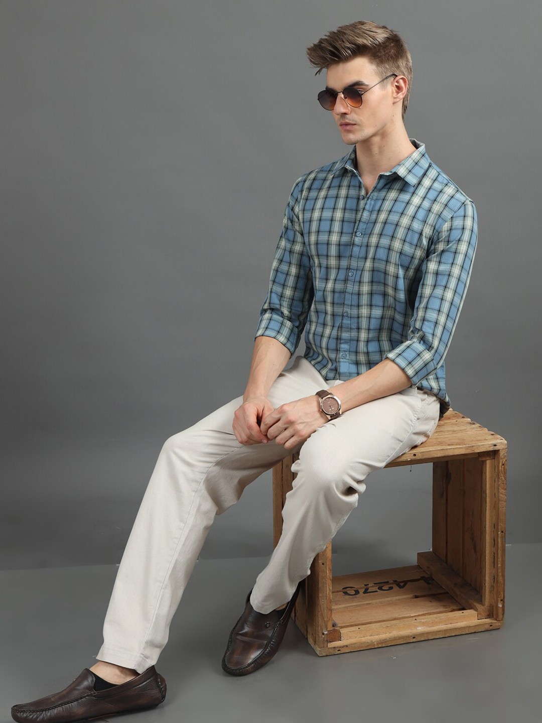 

Bushirt Classic Tartan Checked Cotton Casual Shirt, Blue