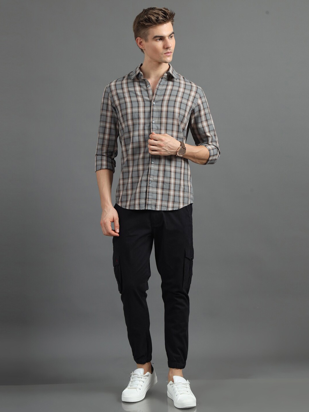 

Bushirt Classic Tartan Checked Cotton Casual Shirt, Grey
