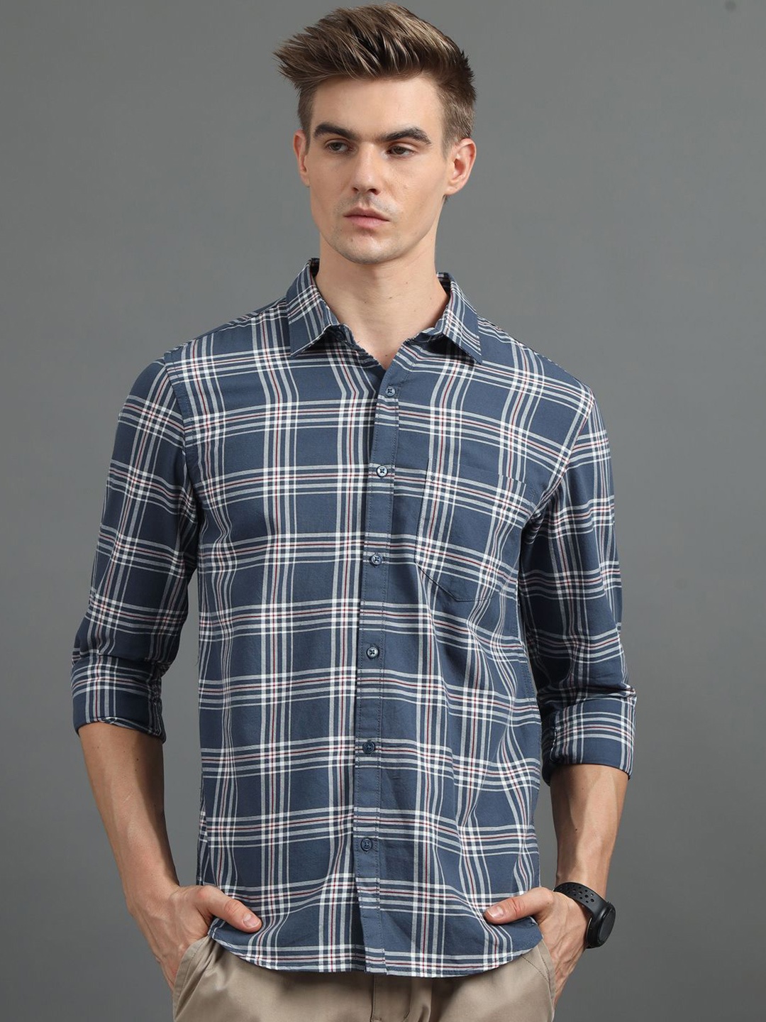 

Bushirt Men Classic Tartan Checks Opaque Checked Casual Shirt, Grey