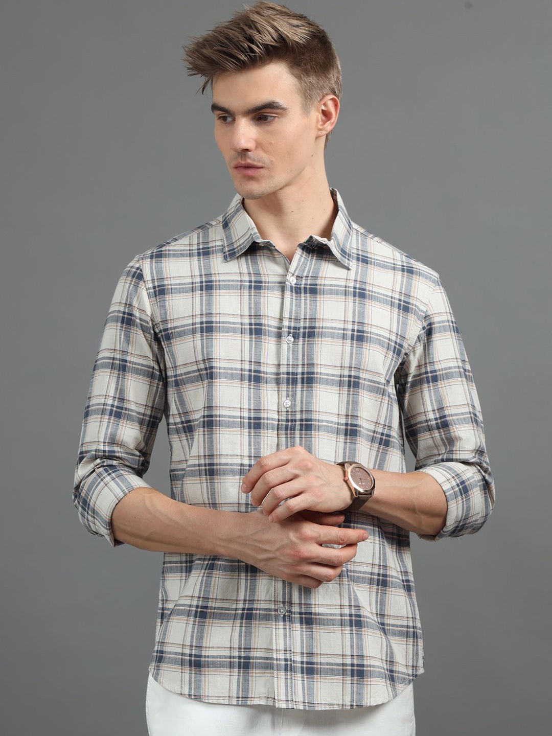 

Bushirt Men Classic Tartan Checks Opaque Checked Casual Shirt, Beige