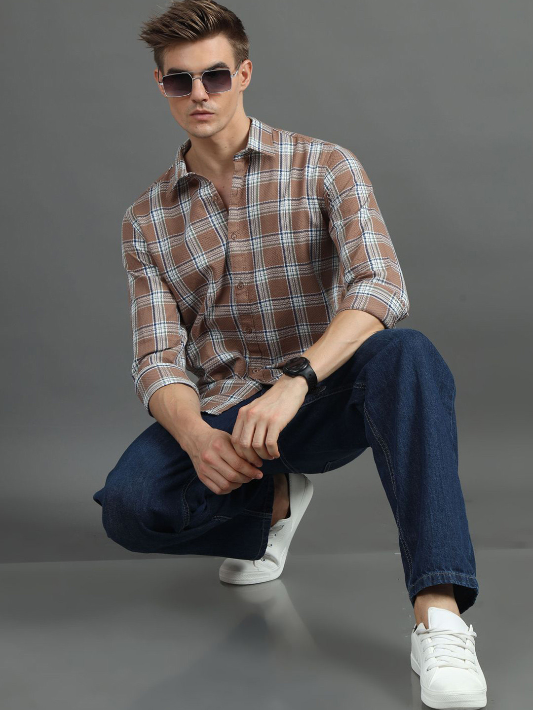 

Bushirt Men Classic Tartan Checks Opaque Checked Casual Shirt, Brown