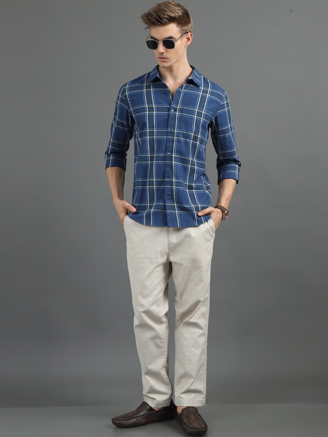 

Bushirt Men Classic Tartan Checks Opaque Checked Casual Shirt, Blue