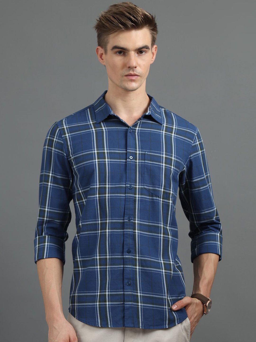 

Bushirt Men Classic Tartan Checks Opaque Checked Casual Shirt, Blue