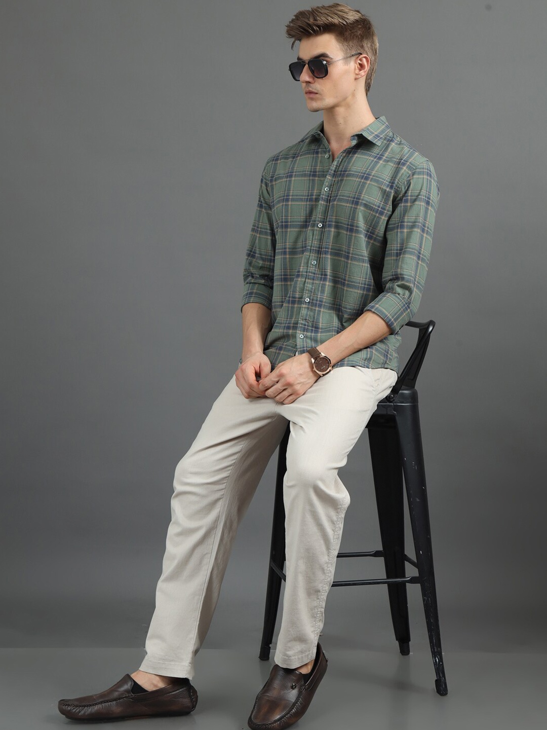 

Bushirt Men Classic Tartan Checks Opaque Checked Casual Shirt, Green