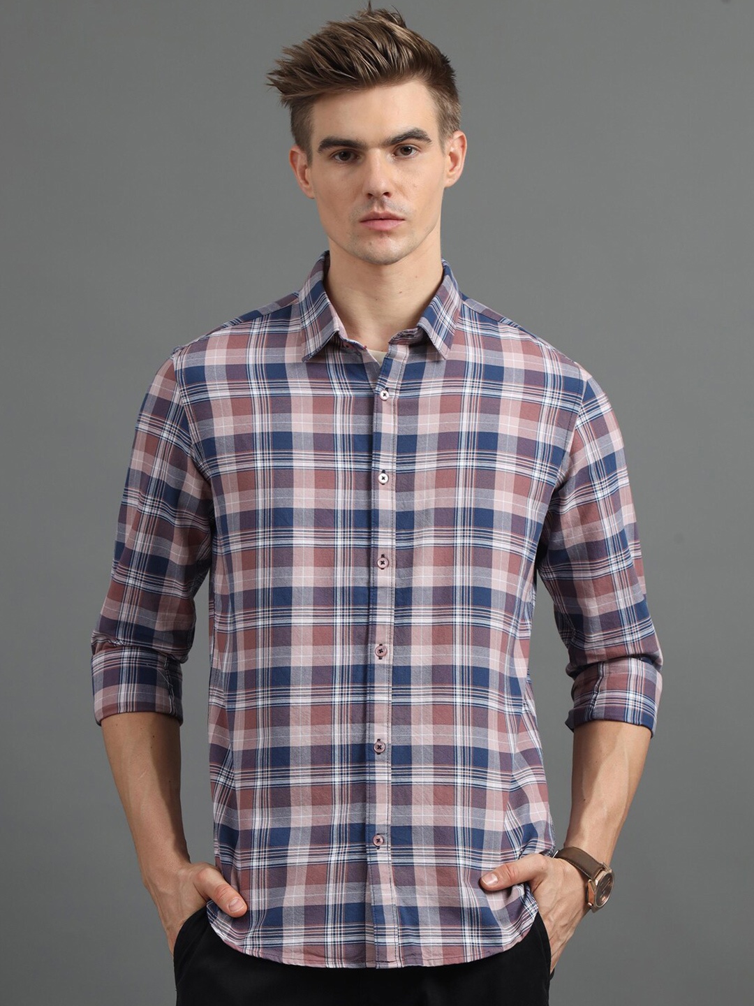 

Bushirt Men Classic Tartan Checks Opaque Checked Casual Shirt, Taupe