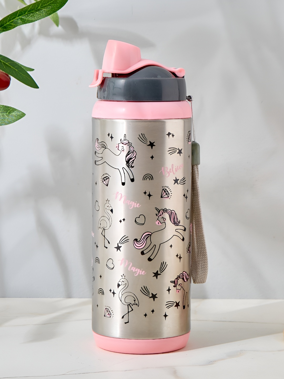 

Home Centre Pink & Silver-Toned Single Stainless Steel Printed Water Bottle
