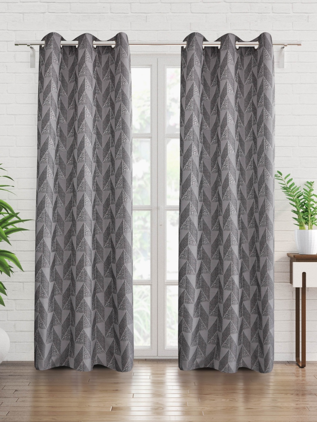 Home Centre Grey & Grey Melange Set of 2 Geometric Door Curtain