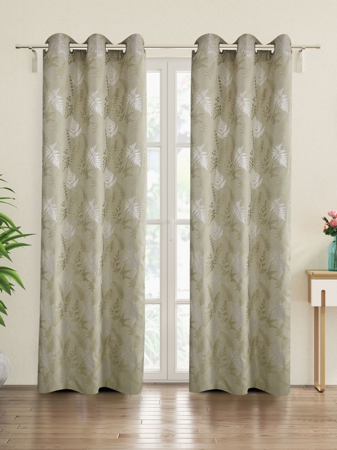 Home Centre Green & White Set of 2 Ethnic Motifs Door Curtain